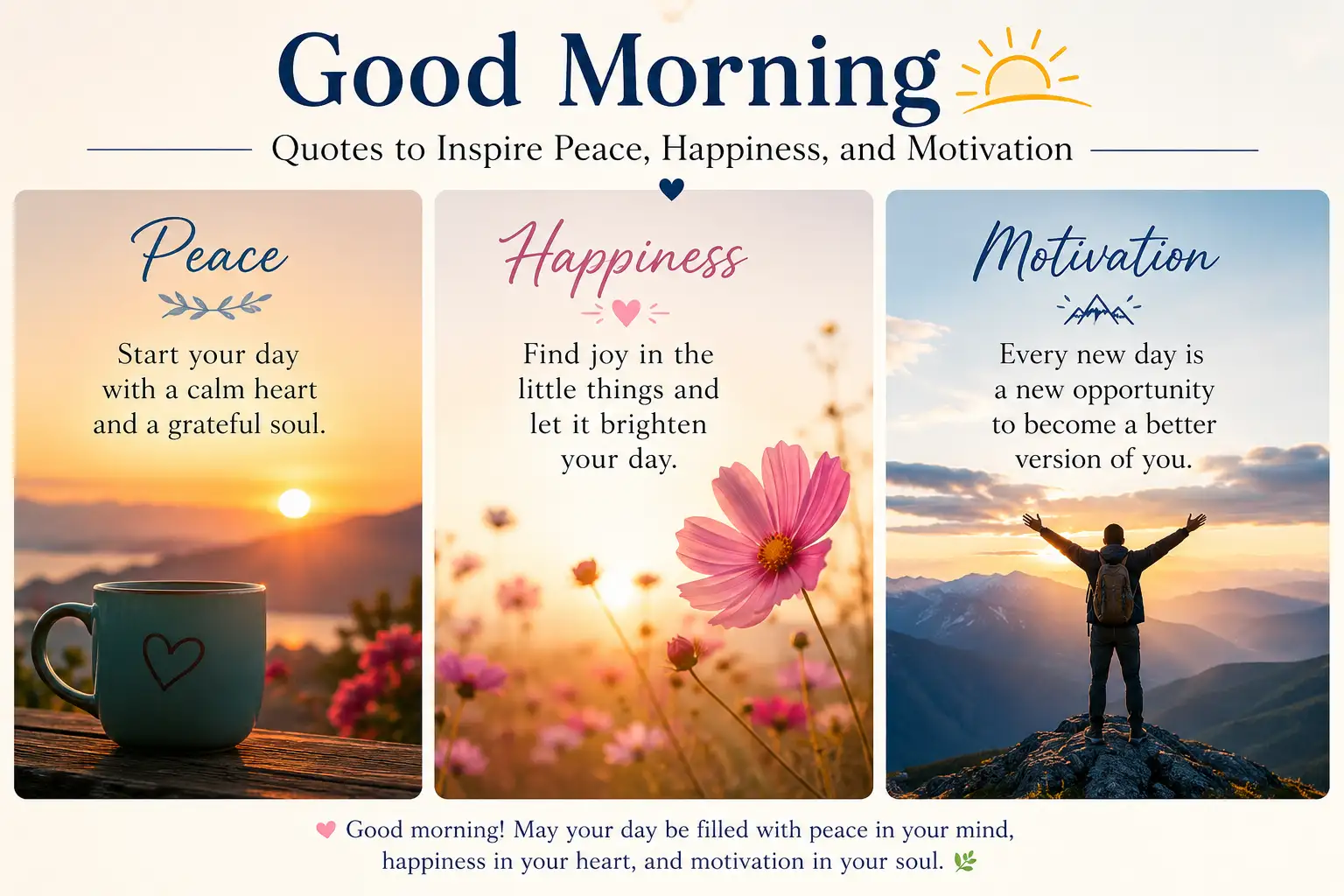 Good Morning quotes image with peaceful sunrise, happiness flowers, and motivation mountain scene for inspiration.