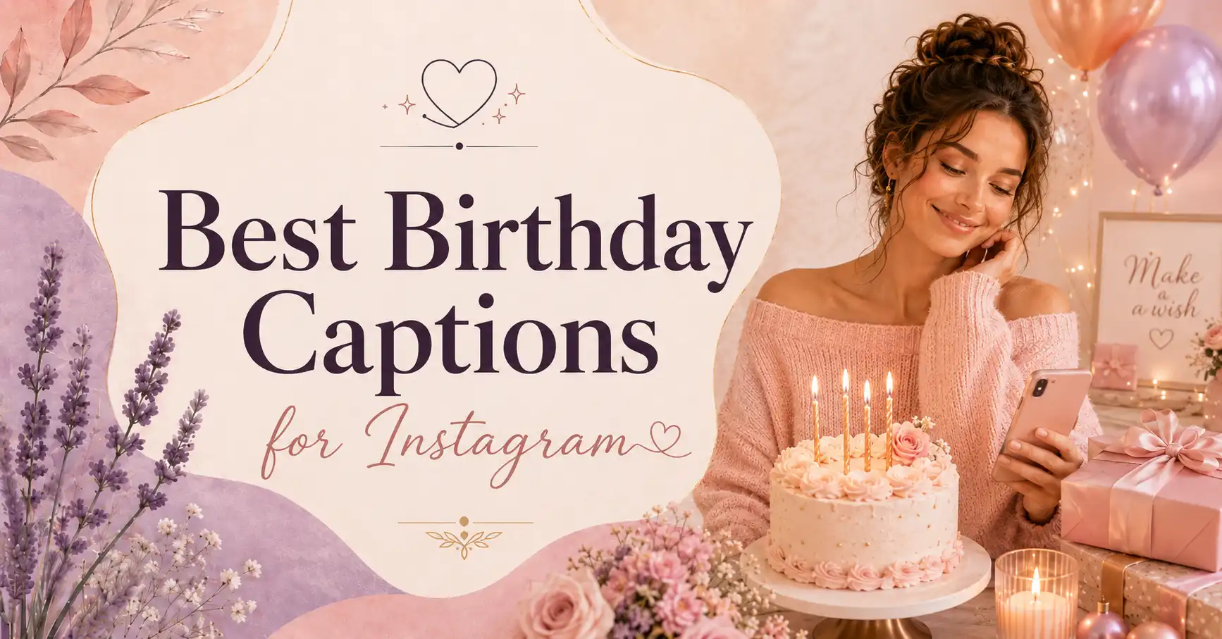 Pastel birthday featured image with the text “Best Birthday Captions for Instagram,” beside a smiling woman holding a phone, with a birthday cake, candles, flowers, wrapped gifts, and balloons.