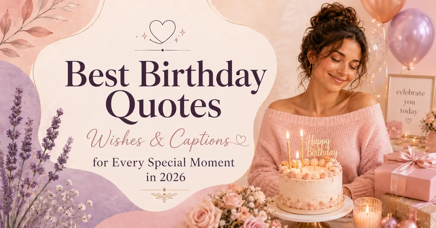 Soft pastel birthday featured image with the text “Best Birthday Quotes, Wishes & Captions for Every Special Moment in 2026,” beside a smiling woman, a decorated birthday cake, balloons, flowers, candles, and wrapped gifts.