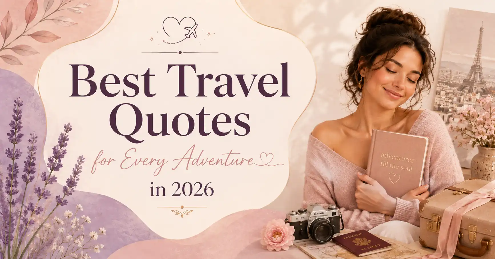 Pastel travel-themed featured image with the text “Best Travel Quotes for Every Adventure in 2026,” alongside a smiling woman holding a journal, with a camera, passport, suitcase, flowers, and Eiffel Tower artwork.