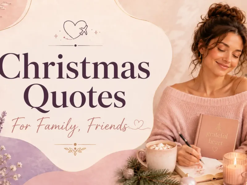 Pastel Christmas featured image with the text “Christmas Quotes For Family, Friends,” beside a smiling woman in a cozy sweater, with wrapped gifts, a candle, ornaments, a holiday mug, and a decorated Christmas tree.