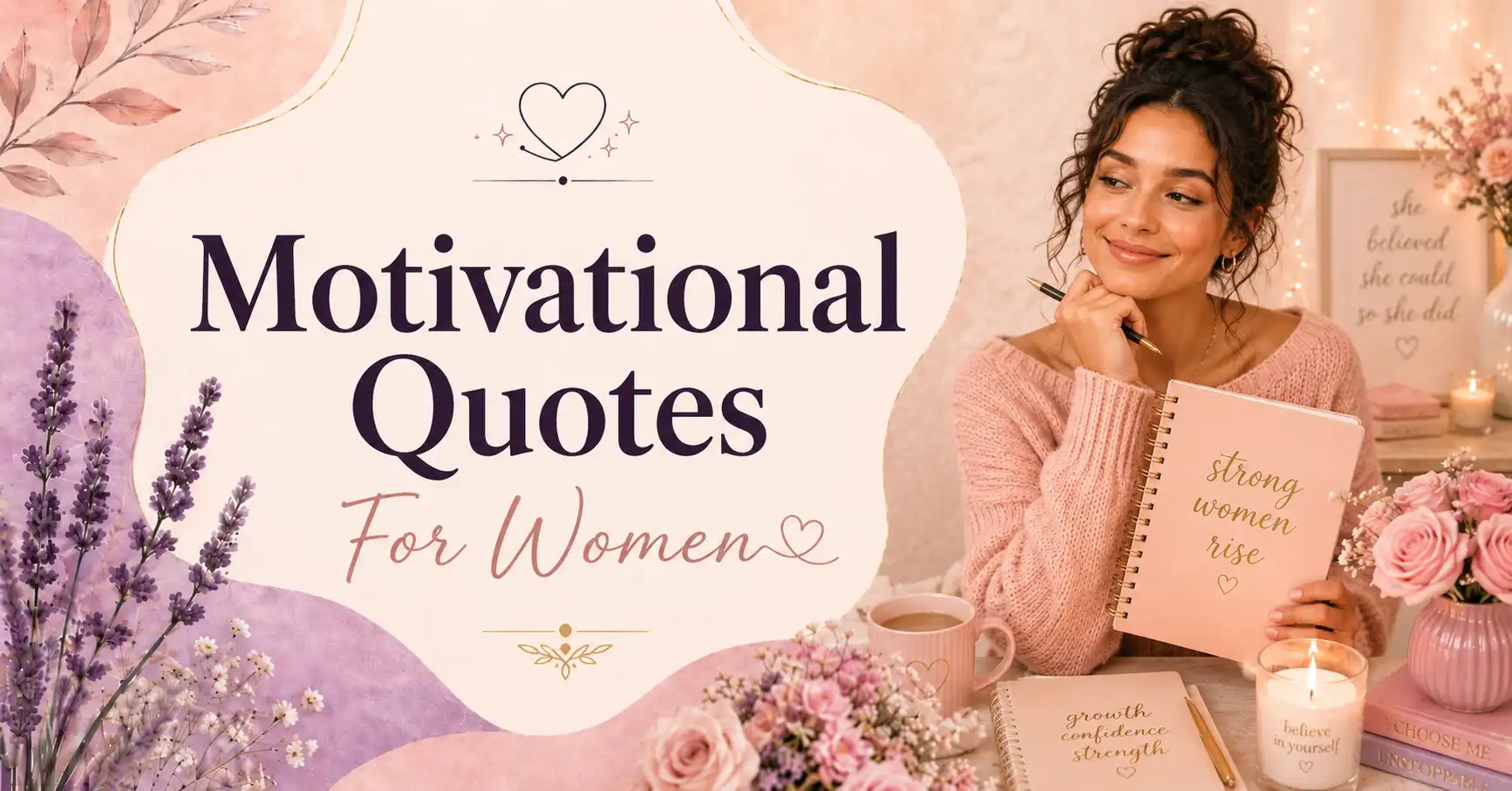 Pastel motivational featured image with the text “Motivational Quotes For Women,” beside a smiling woman holding a notebook, with flowers, a candle, a coffee mug, and inspirational desk decor.
