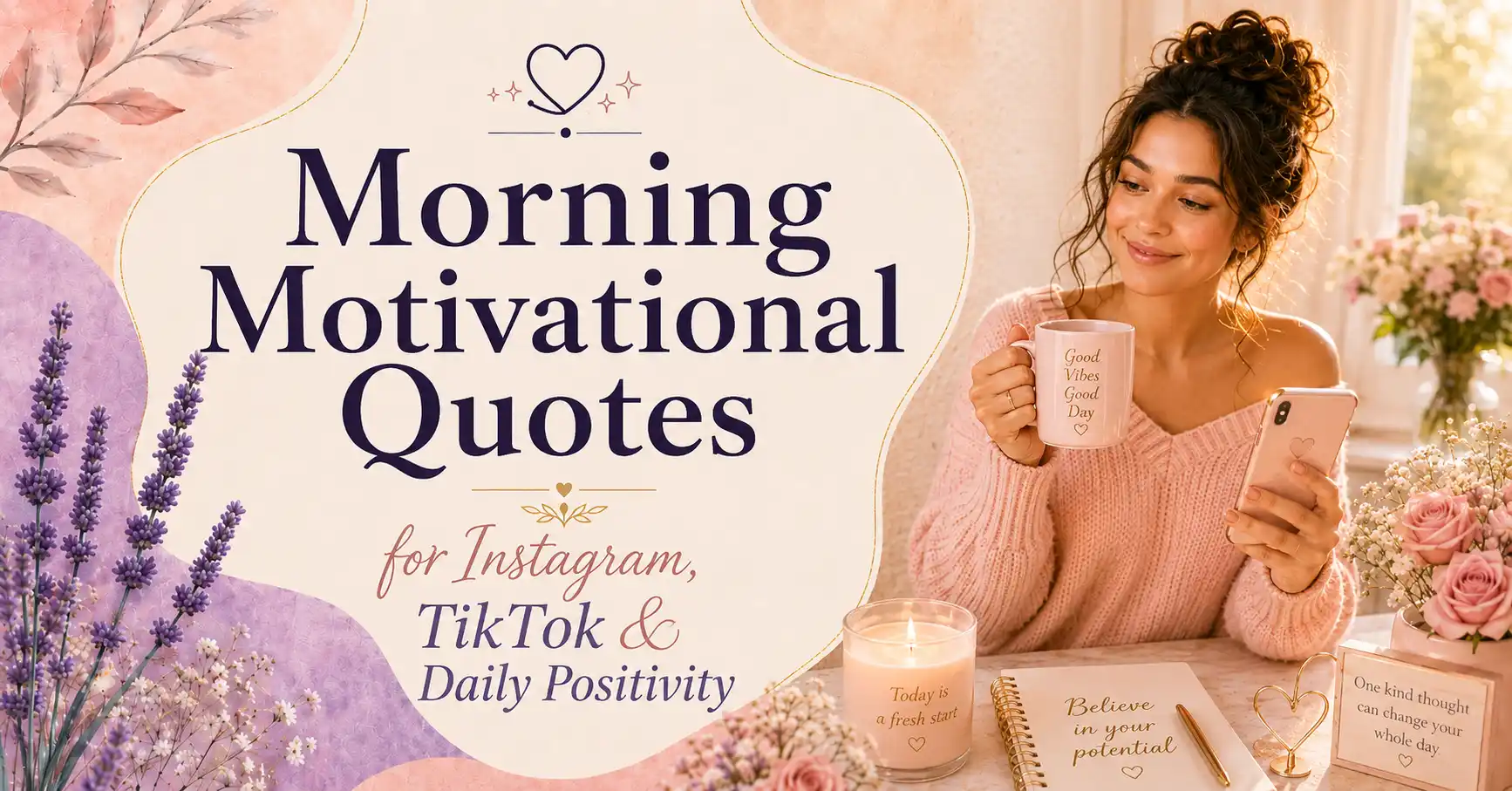 Pastel motivational featured image with the text “Morning Motivational Quotes for Instagram, TikTok & Daily Positivity,” beside a smiling woman holding a mug and phone, with flowers, a candle, and a journal in a cozy morning setting.
