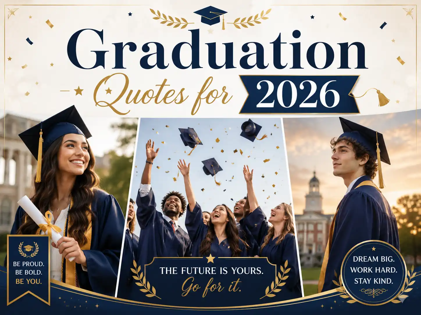 Graduation quotes for 2026 image featuring happy graduates in caps and gowns celebrating with diplomas and tossed hats.