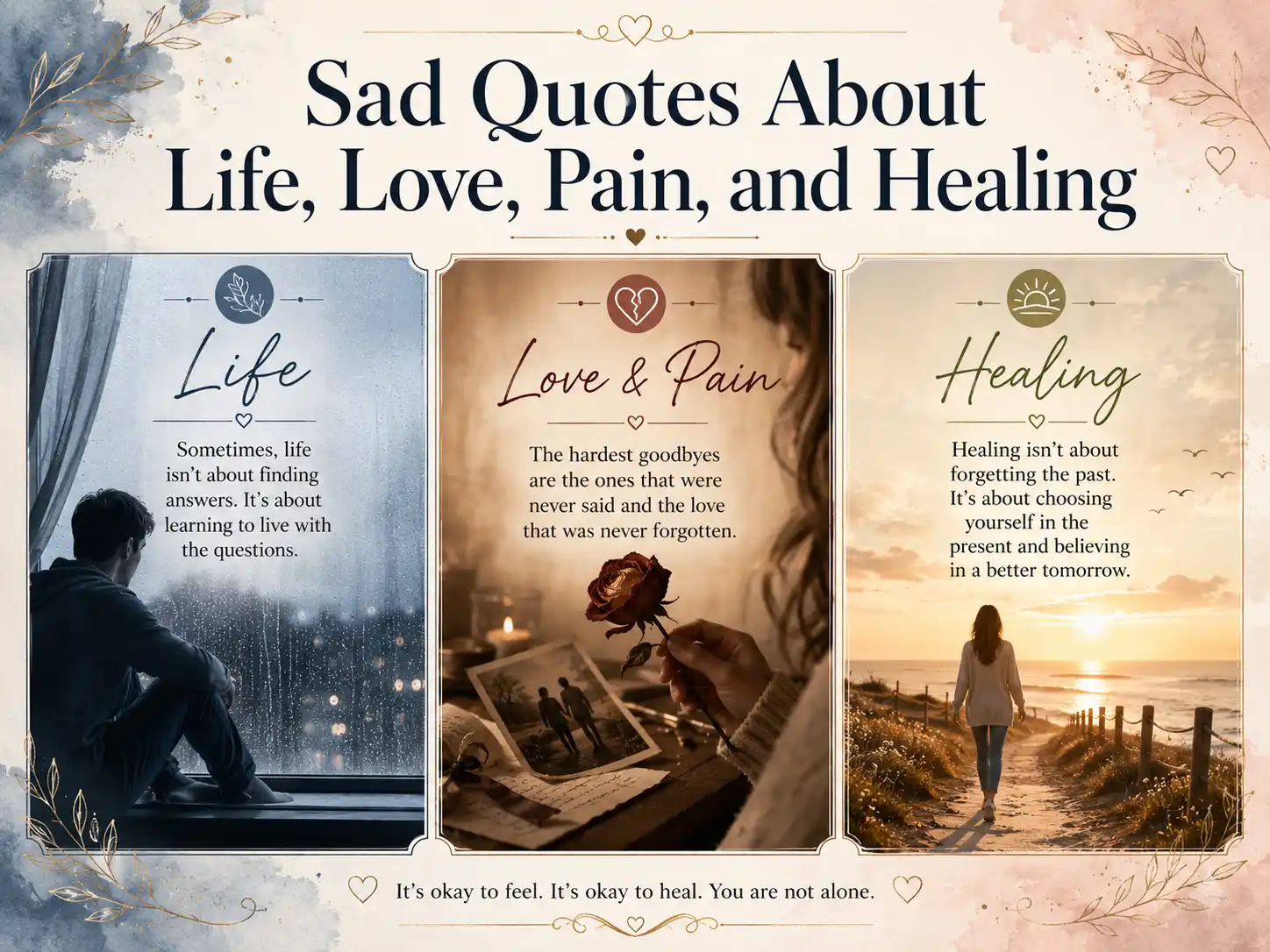 Sad quotes about life, love, pain, and healing image with rainy window, rose memory scene, and peaceful sunset walk.