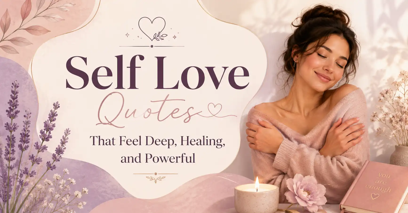 Soft pastel featured image with the text “Self Love Quotes That Feel Deep, Healing, and Powerful” beside a peaceful woman hugging herself, with flowers, a candle, and a journal.