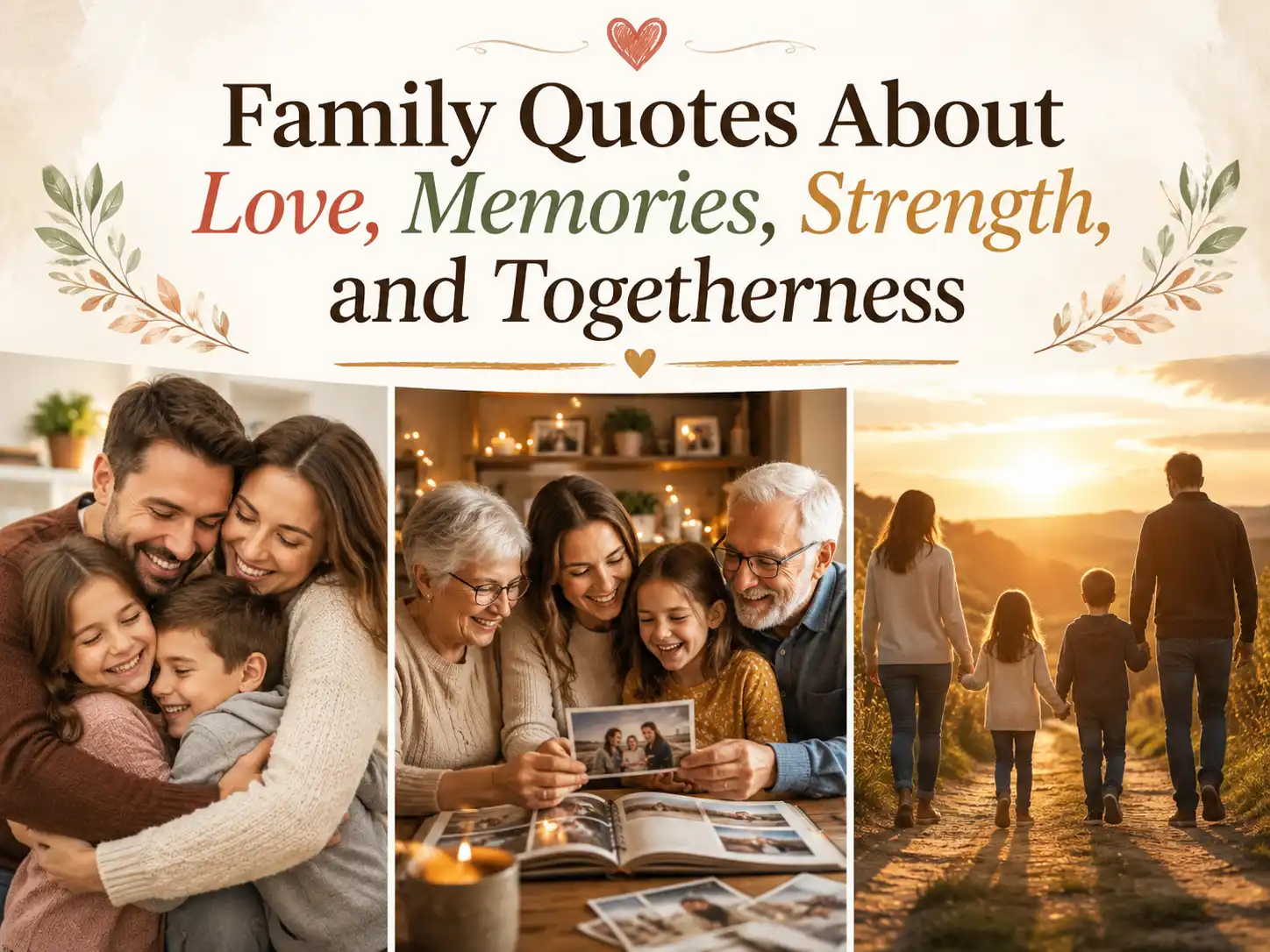 Family quotes image about love, memories, strength, and togetherness with family hugging, sharing photo memories, and walking at sunset.