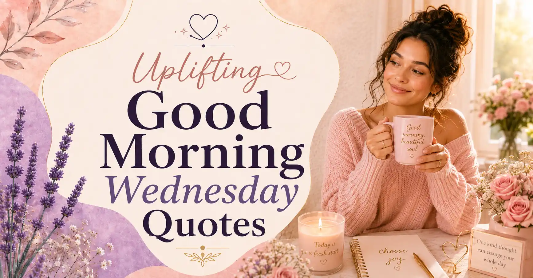 Pastel featured image with the text “Uplifting Good Morning Wednesday Quotes,” beside a smiling woman holding a pink mug, with flowers, a candle, and a journal in a cozy morning setting.