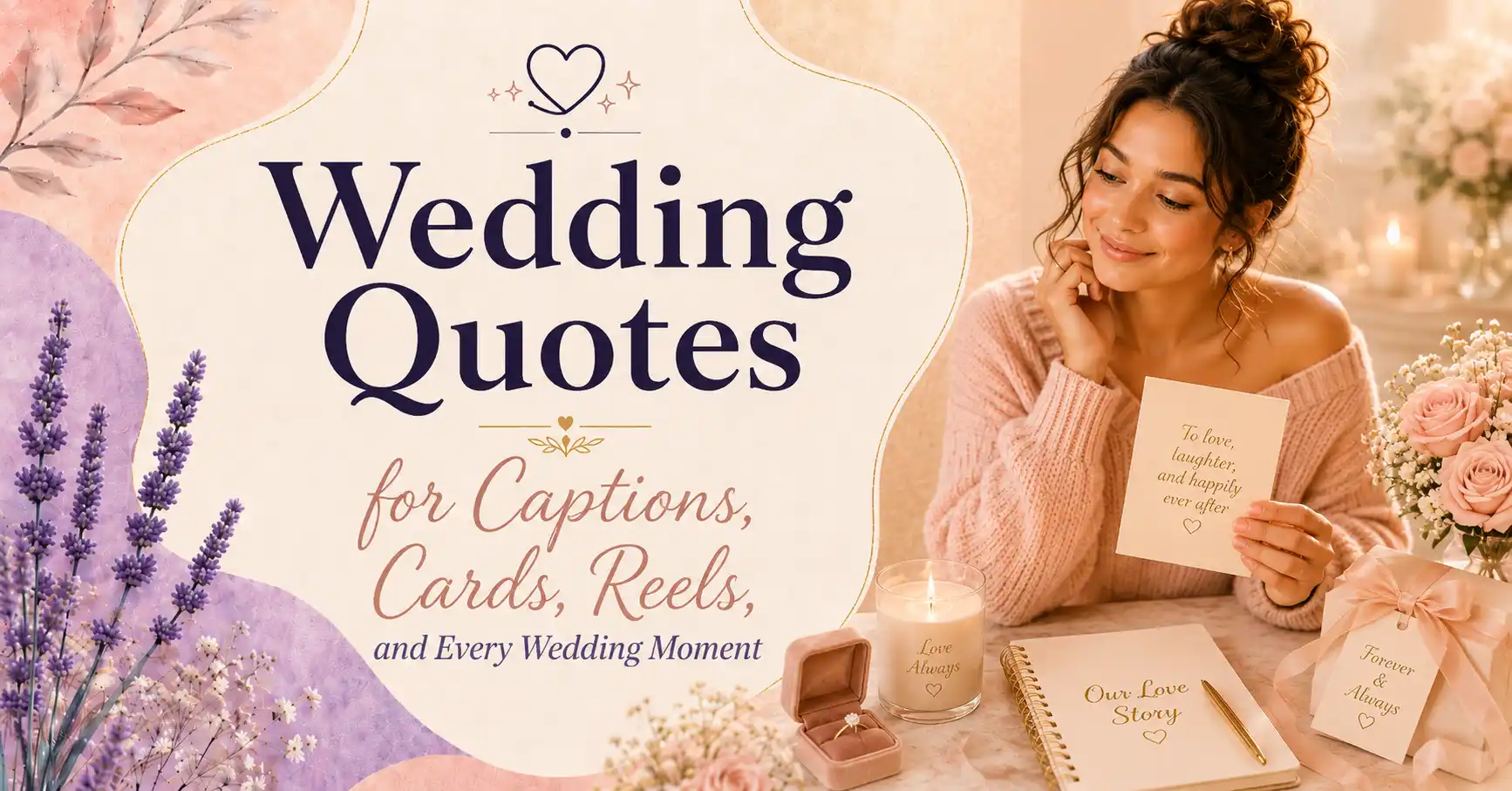 Pastel wedding featured image with the text “Wedding Quotes for Captions, Cards, Reels, and Every Wedding Moment,” beside a smiling woman holding a wedding card, with roses, a candle, a ring box, and romantic desk decor.